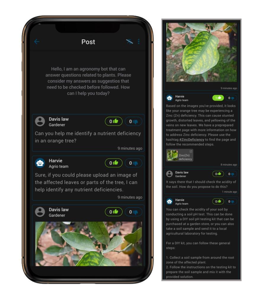 Agrio user interacts with Harvie, the agronomist chatbot that teach you how to care for plants.