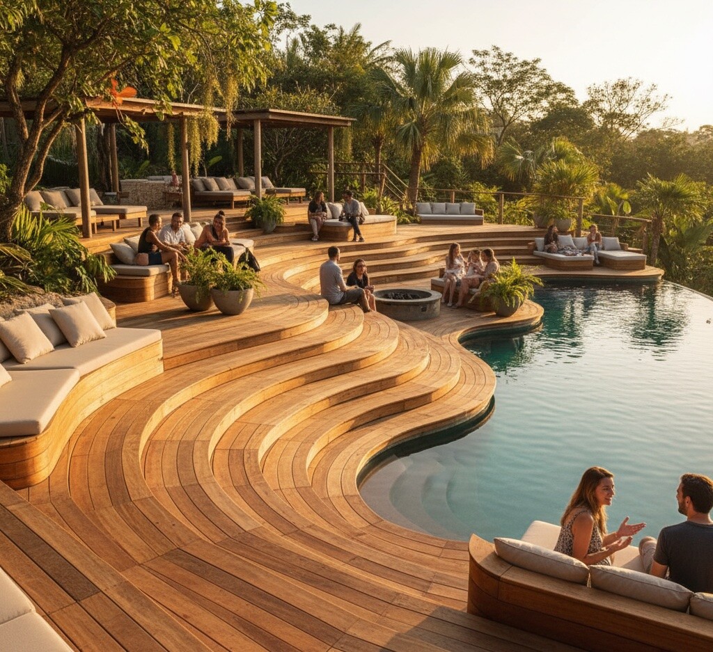  Image Prompt: A warm, multi-level wooden pool deck with wide, expansive steps leading down to the water. Built-in wooden lounge chairs that are seamlessly part of the deck structure. Warm timber tones, boutique eco-lodge vibe. Golden hour lighting, surrounded by subtle greenery.