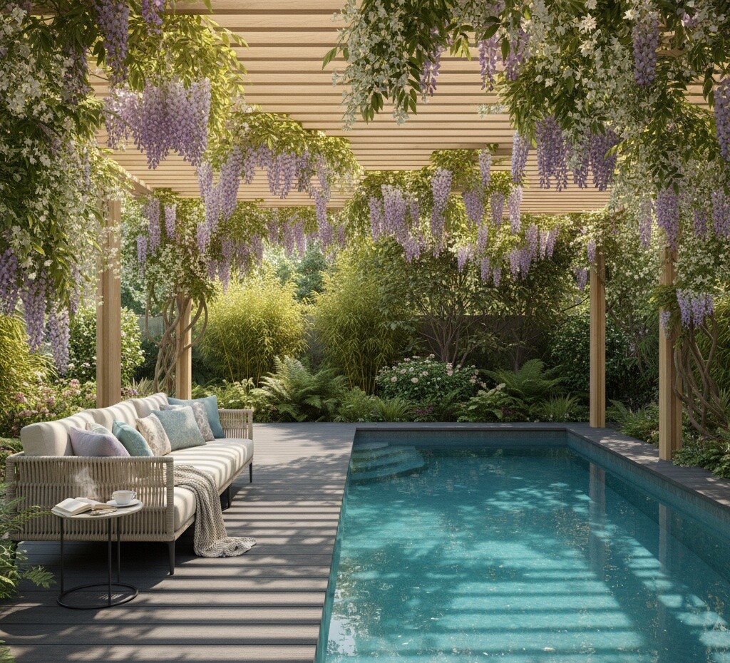  Image Prompt: A modern composite pool deck situated under a stylish wooden pergola. The pergola is heavily covered in climbing wisteria and jasmine vines, creating beautiful dappled sunlight patterns on the floor. A cozy reading nook with soft cushions in the shade. Intimate, peaceful sanctuary vibe.