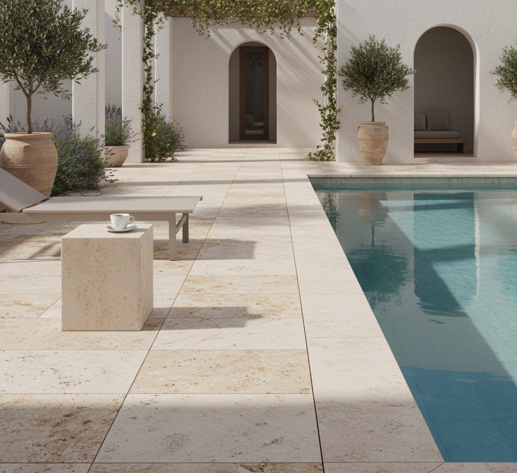  Image Prompt: High-end architectural photography of a minimalist pool deck made of honed limestone and travertine tiles. A Mediterranean courtyard atmosphere. Soft, diffused sunlight casting gentle shadows, no harsh glare. Crystal clear blue water meeting the pale beige stone edge. A single espresso cup sitting on a small side table.