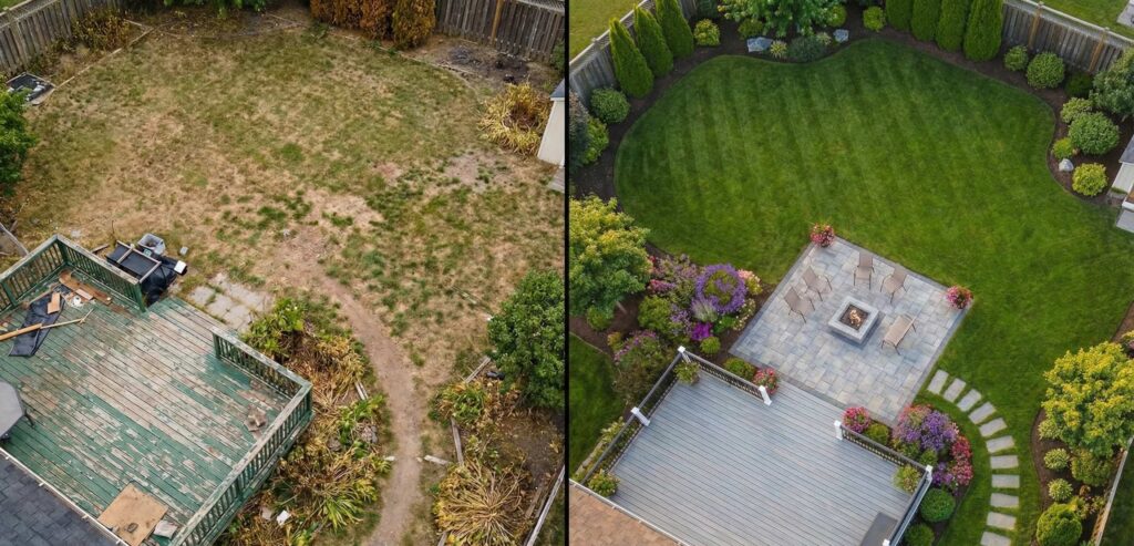 Drone landscape design before and after aerial view showing a luxury master plan